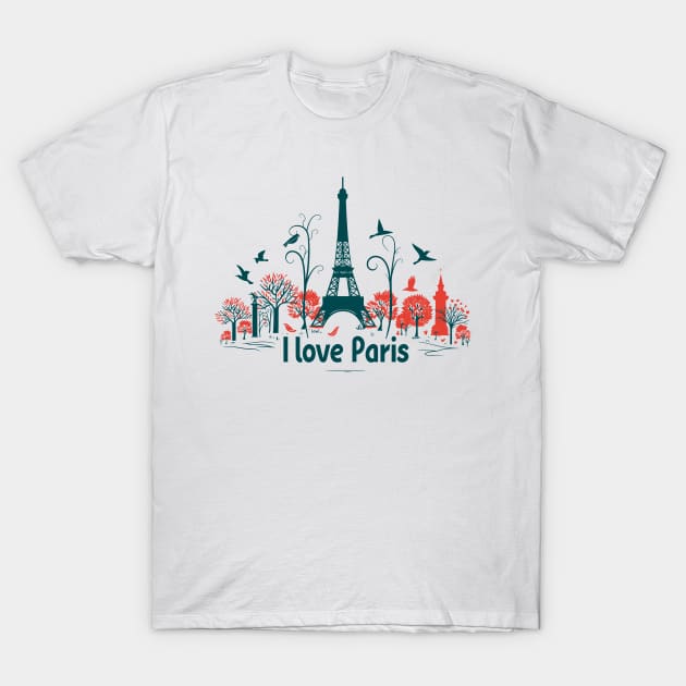 I love Paris: eiffel tower silhouette with trees and birds T-Shirt by MK3